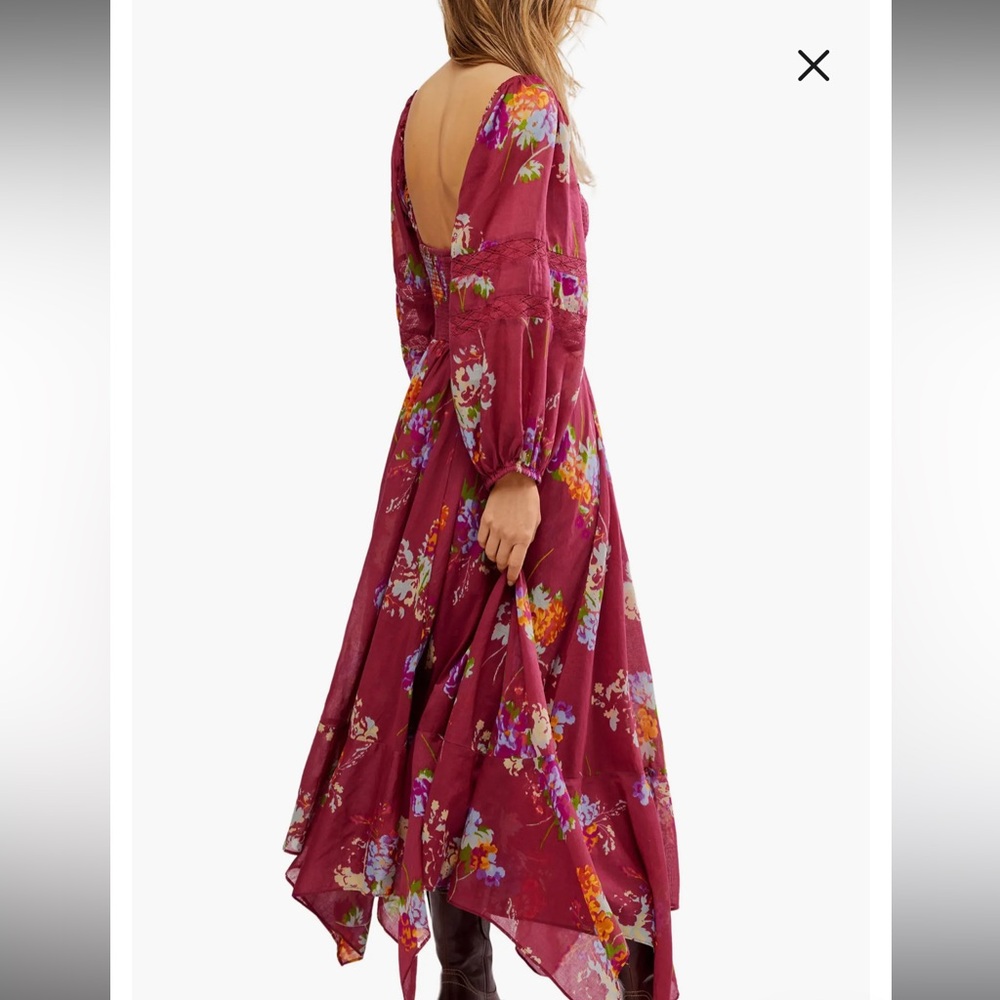 NWT Free People Floral Smocked Long Sleeve Maxi Dress Burgundy XS - Picture 3 of 4